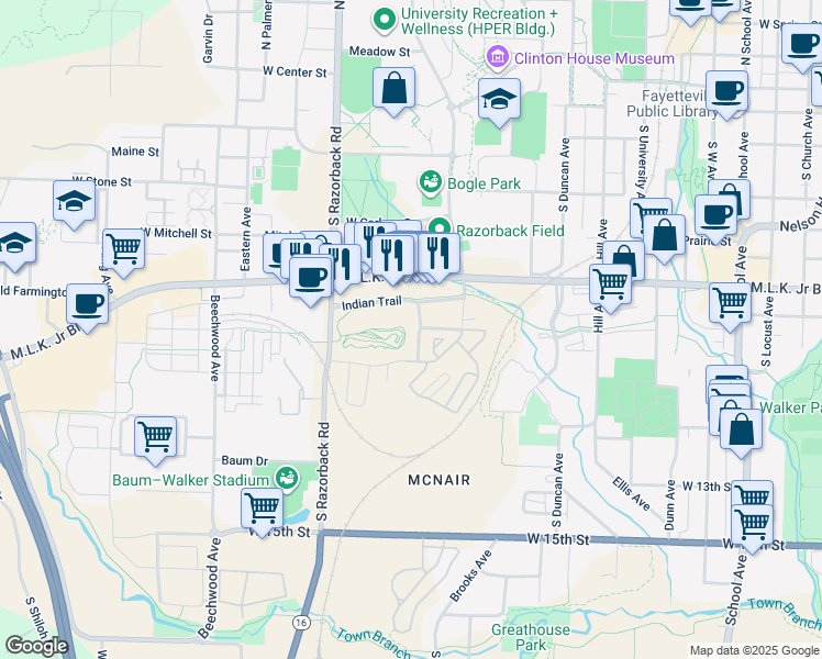 map of restaurants, bars, coffee shops, grocery stores, and more near 816 South Rose Avenue in Fayetteville