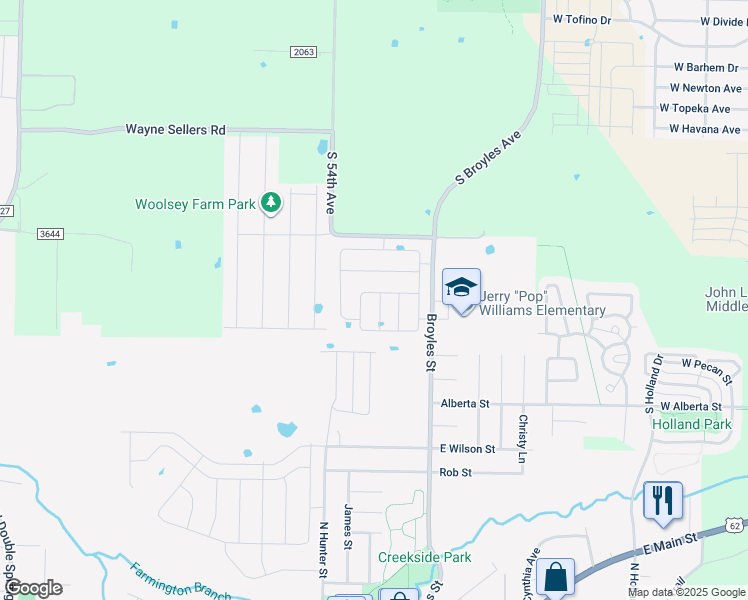map of restaurants, bars, coffee shops, grocery stores, and more near 941 Broyles Street in Farmington