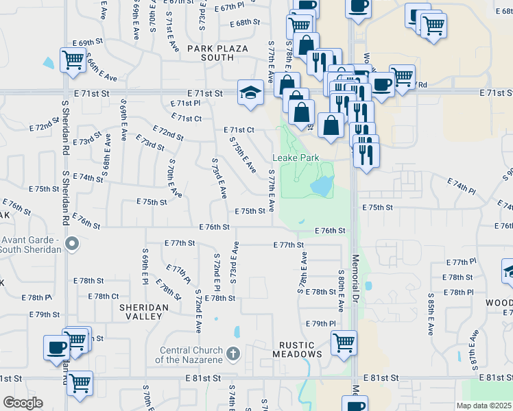 map of restaurants, bars, coffee shops, grocery stores, and more near 7416 East 74th Street in Tulsa