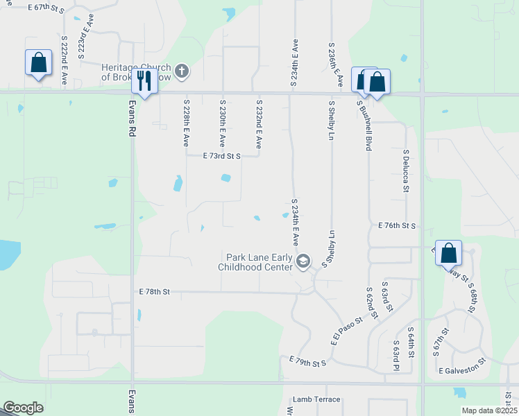 map of restaurants, bars, coffee shops, grocery stores, and more near 23105 East 75th Street in Broken Arrow