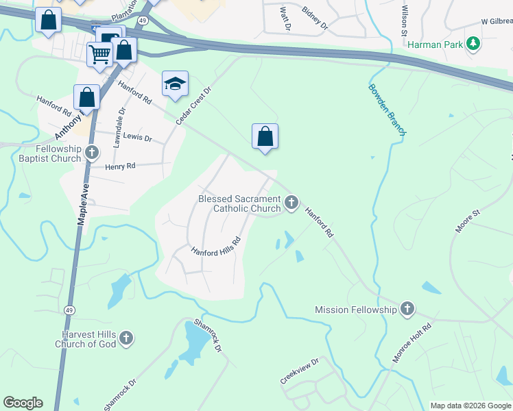 map of restaurants, bars, coffee shops, grocery stores, and more near 1815 Hanford Hills Road in Graham