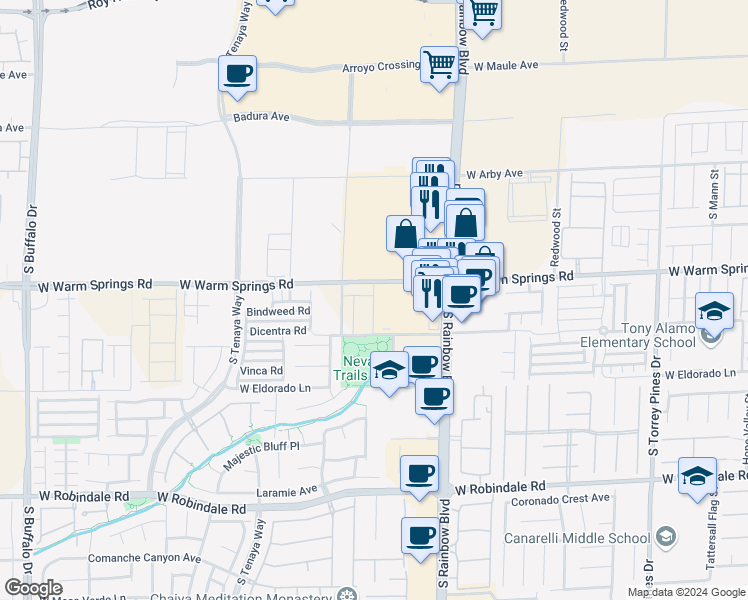 map of restaurants, bars, coffee shops, grocery stores, and more near 7332 Davenbury Street in Las Vegas