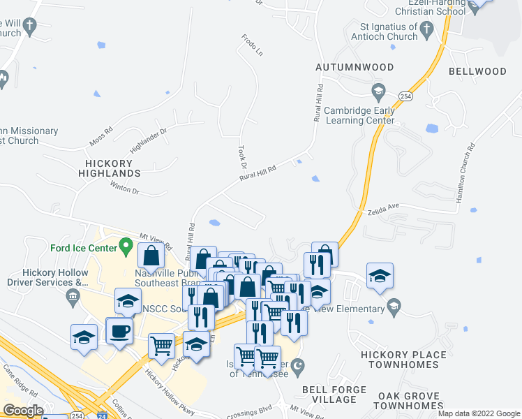 map of restaurants, bars, coffee shops, grocery stores, and more near 1374 Rural Hill Road in Nashville