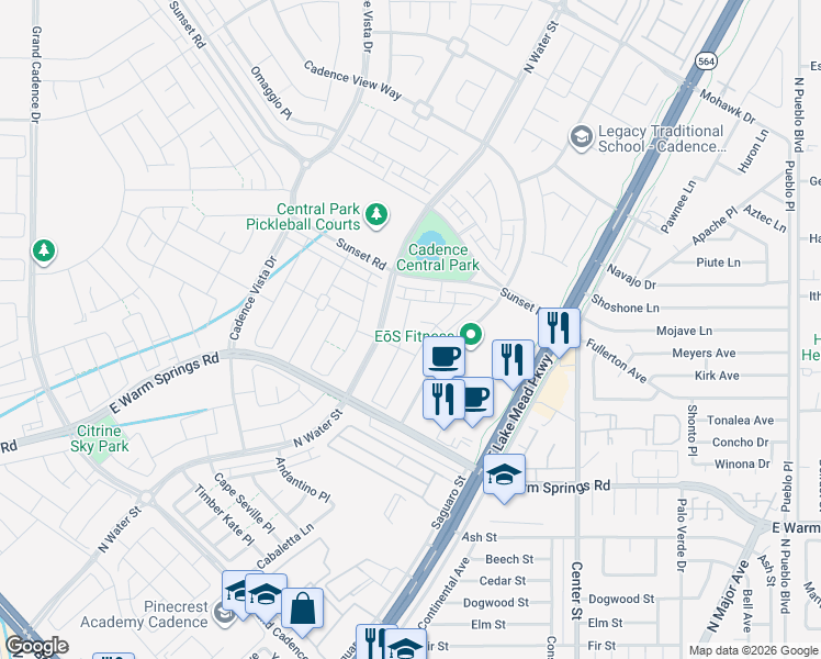 map of restaurants, bars, coffee shops, grocery stores, and more near 388 Ambitious Street in Henderson