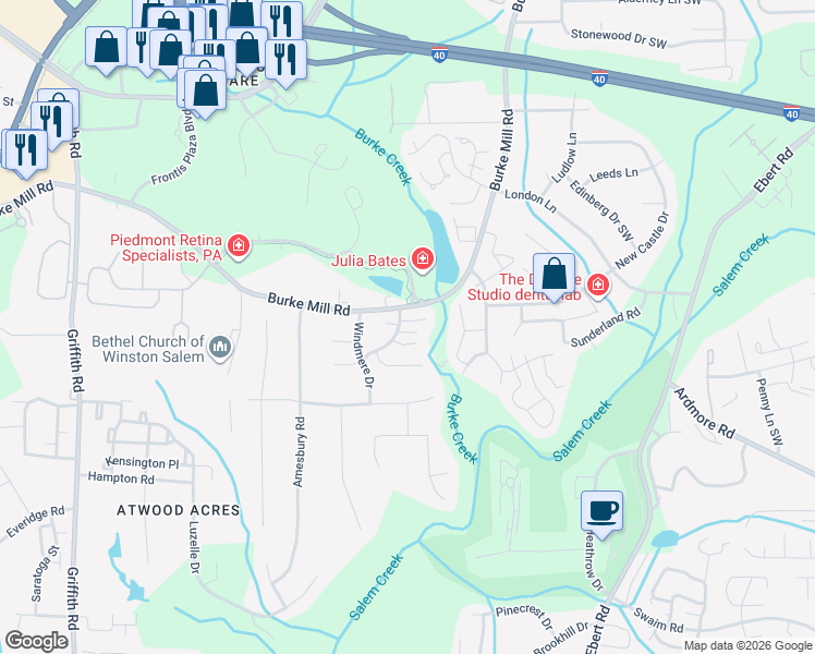 map of restaurants, bars, coffee shops, grocery stores, and more near 2801 Shadowbrook Lane in Winston-Salem