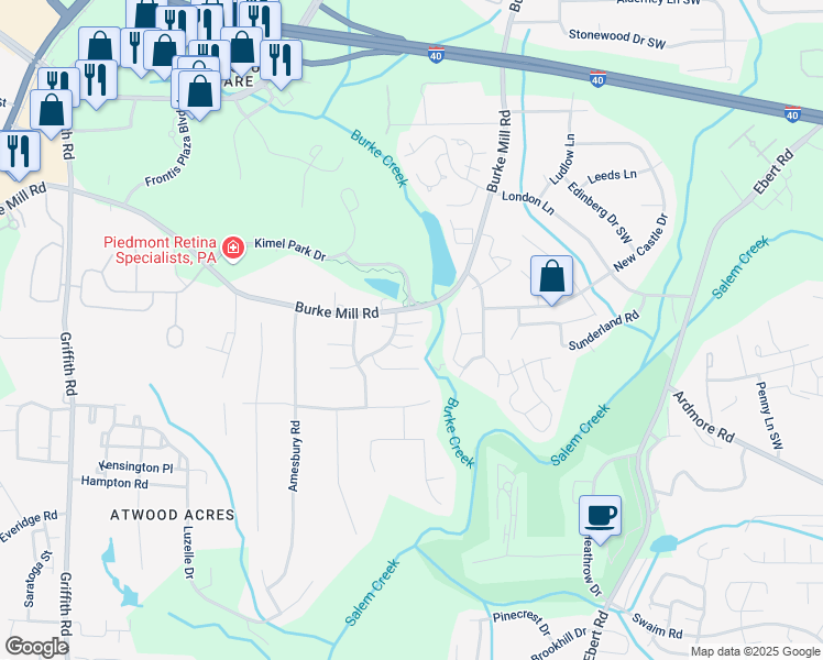 map of restaurants, bars, coffee shops, grocery stores, and more near 2816 Shadowbrook Lane in Winston-Salem