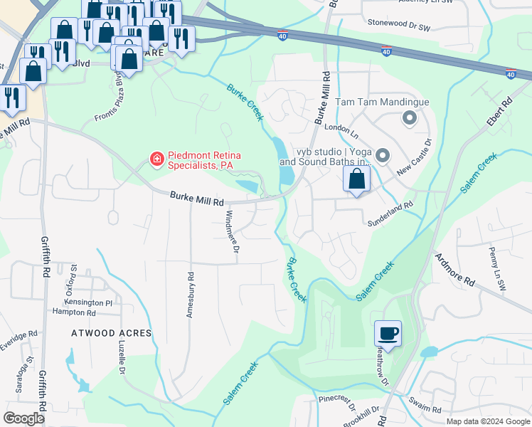 map of restaurants, bars, coffee shops, grocery stores, and more near 2816 Shadowbrook Lane in Winston-Salem