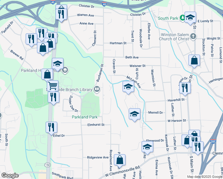 map of restaurants, bars, coffee shops, grocery stores, and more near 3133 Russell Way Lane in Winston-Salem