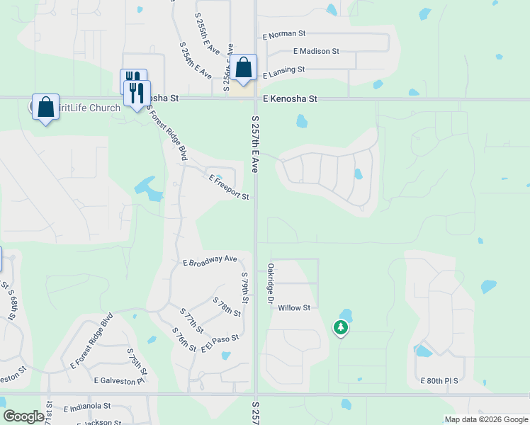 map of restaurants, bars, coffee shops, grocery stores, and more near South 257th East Avenue in Broken Arrow