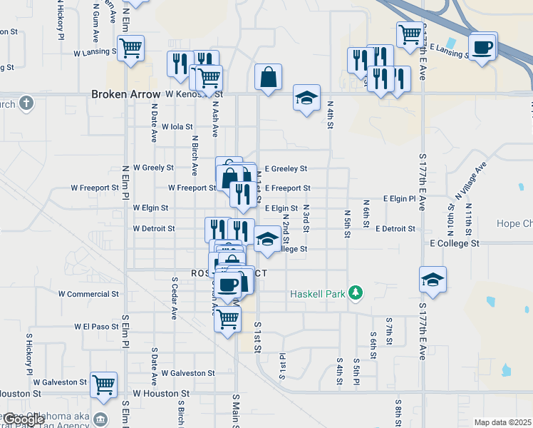 map of restaurants, bars, coffee shops, grocery stores, and more near 224 East Elgin Street in Broken Arrow
