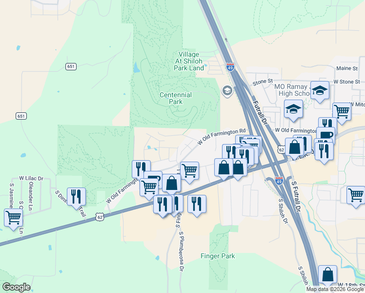 map of restaurants, bars, coffee shops, grocery stores, and more near South Centennial Park Lane in Fayetteville