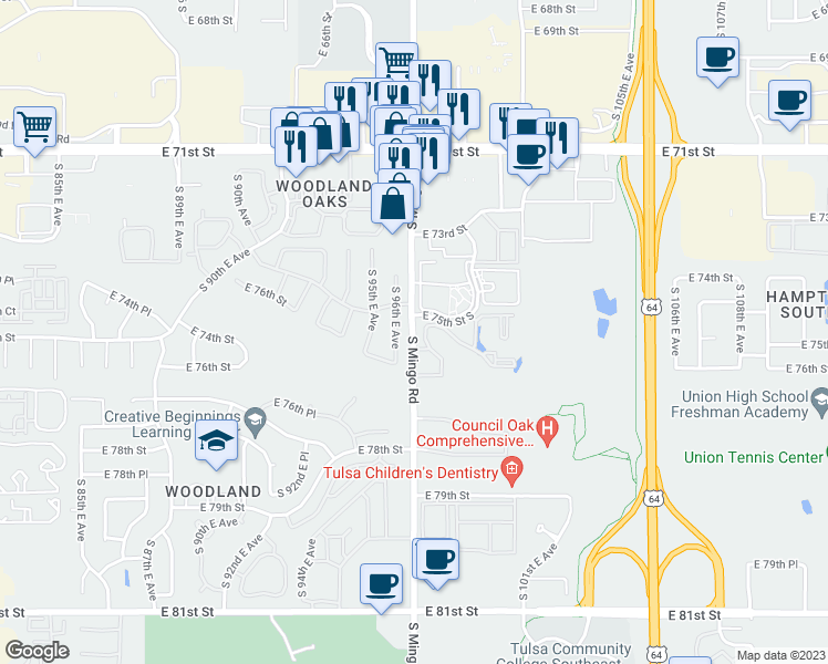 map of restaurants, bars, coffee shops, grocery stores, and more near 7317 South Mingo Road in Tulsa