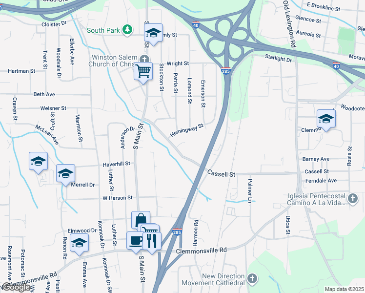 map of restaurants, bars, coffee shops, grocery stores, and more near 110 Longfellow Street in Winston-Salem