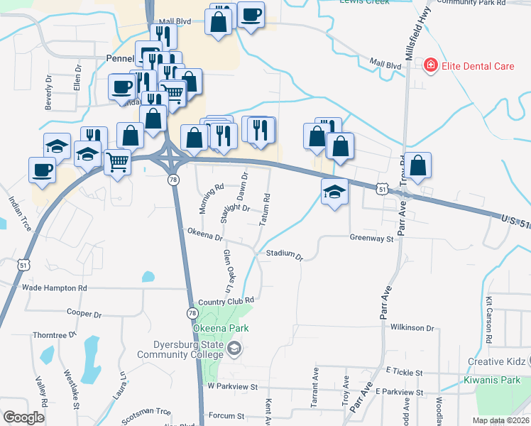 map of restaurants, bars, coffee shops, grocery stores, and more near 2199 Tatum Road in Dyersburg
