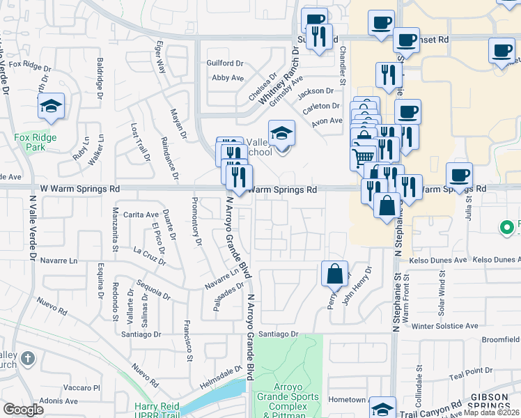 map of restaurants, bars, coffee shops, grocery stores, and more near 1575 West Warm Springs Road in Henderson