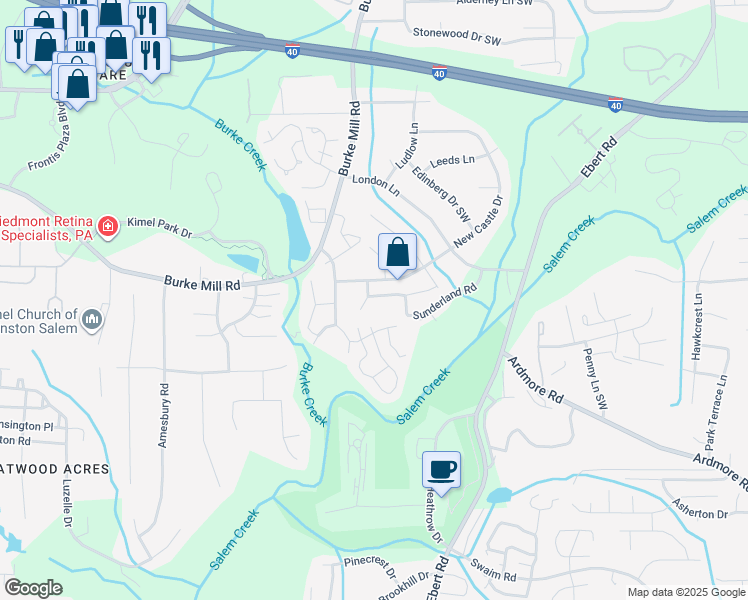 map of restaurants, bars, coffee shops, grocery stores, and more near 2240 Sunderland Road in Winston-Salem