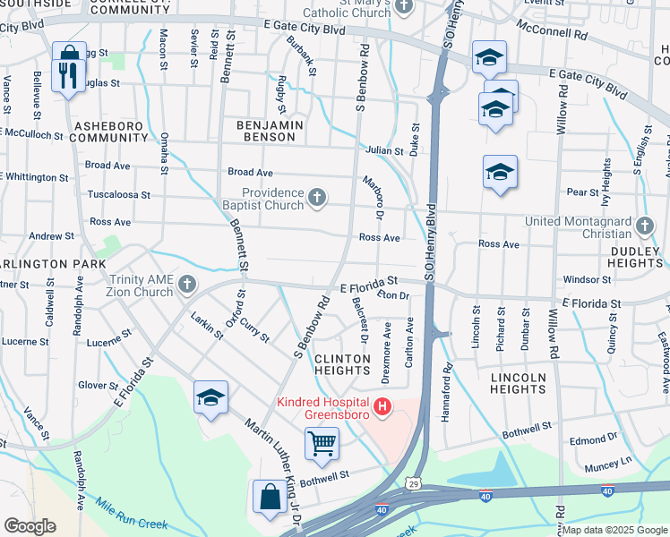 map of restaurants, bars, coffee shops, grocery stores, and more near 1060 Stephens Street in Greensboro