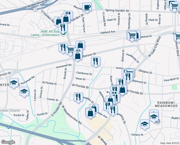 map of restaurants, bars, coffee shops, grocery stores, and more near 2808 Camborne Street in Greensboro