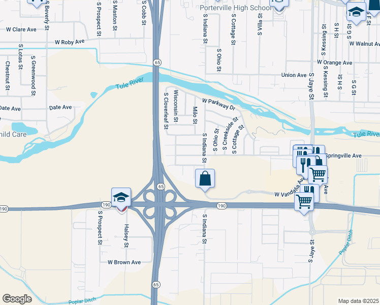 map of restaurants, bars, coffee shops, grocery stores, and more near 852 West Springville Avenue in Porterville