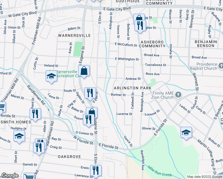 map of restaurants, bars, coffee shops, grocery stores, and more near 1216 Vance Street in Greensboro