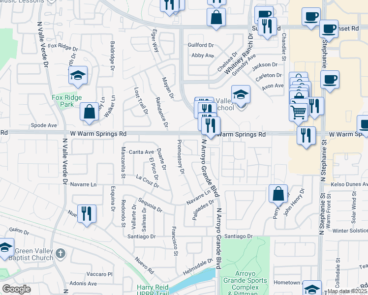 map of restaurants, bars, coffee shops, grocery stores, and more near 393 Blanca Springs Drive in Henderson