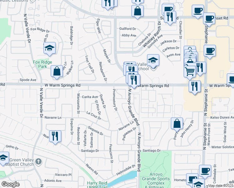 map of restaurants, bars, coffee shops, grocery stores, and more near 393 Blanca Springs Drive in Henderson