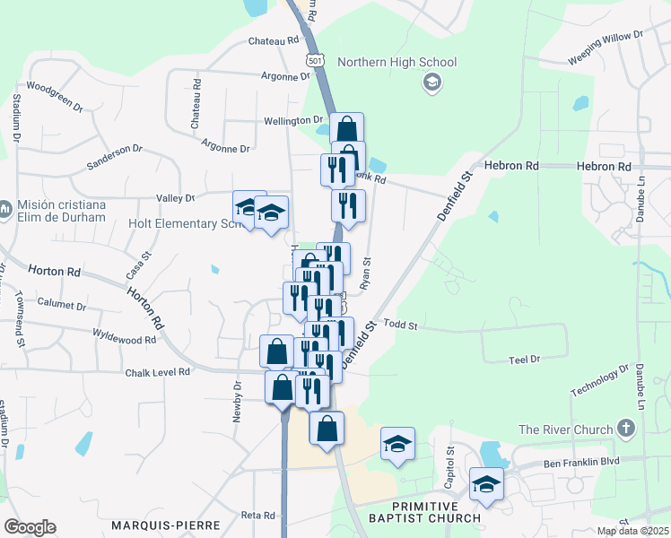 map of restaurants, bars, coffee shops, grocery stores, and more near 4414 North Roxboro Street in Durham