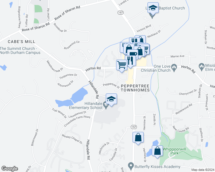 map of restaurants, bars, coffee shops, grocery stores, and more near 2119 Peppertree Street in Durham