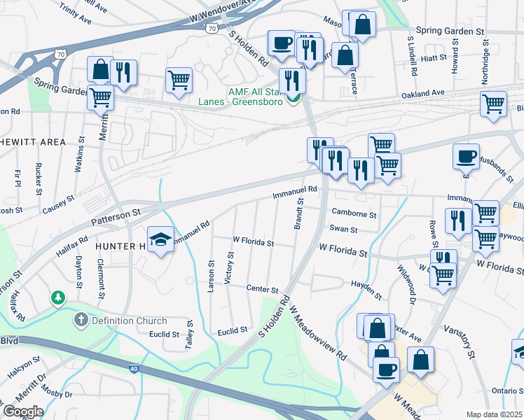 map of restaurants, bars, coffee shops, grocery stores, and more near 3103 Immanuel Road in Greensboro