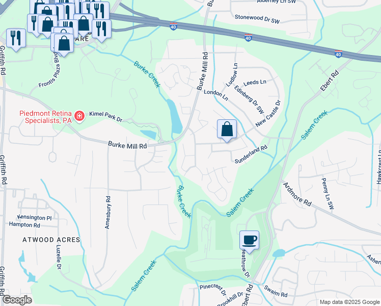 map of restaurants, bars, coffee shops, grocery stores, and more near 112 Rivertree Lane in Winston-Salem