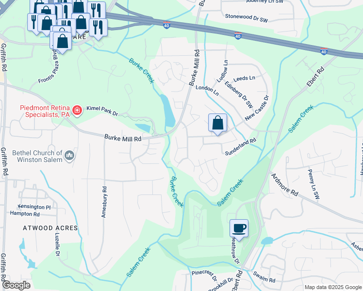 map of restaurants, bars, coffee shops, grocery stores, and more near 112 Rivertree Lane in Winston-Salem
