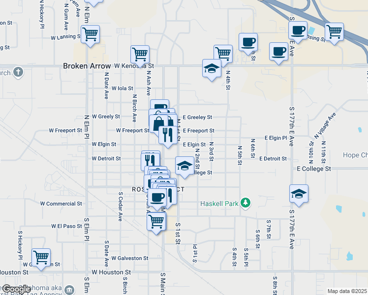map of restaurants, bars, coffee shops, grocery stores, and more near 224 East Elgin Street in Broken Arrow