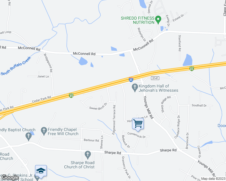 map of restaurants, bars, coffee shops, grocery stores, and more near 3915 Edgewood Terrace Road in Greensboro