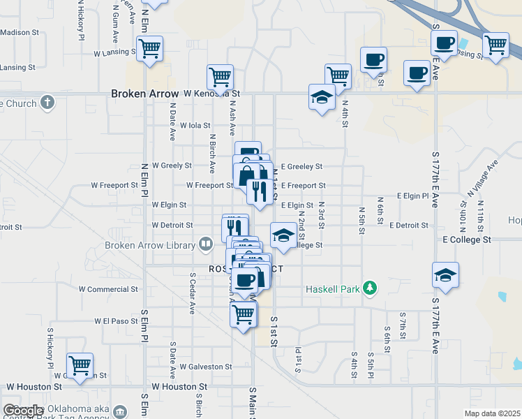 map of restaurants, bars, coffee shops, grocery stores, and more near 114 East Elgin Street in Broken Arrow