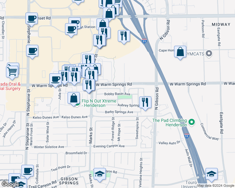 map of restaurants, bars, coffee shops, grocery stores, and more near Bobby Basin Avenue in Henderson