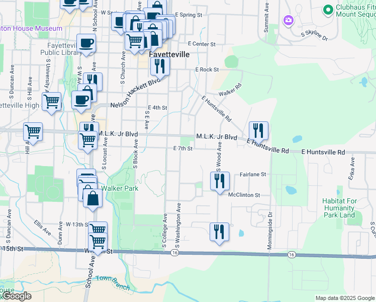 map of restaurants, bars, coffee shops, grocery stores, and more near 223 East 7th Street in Fayetteville