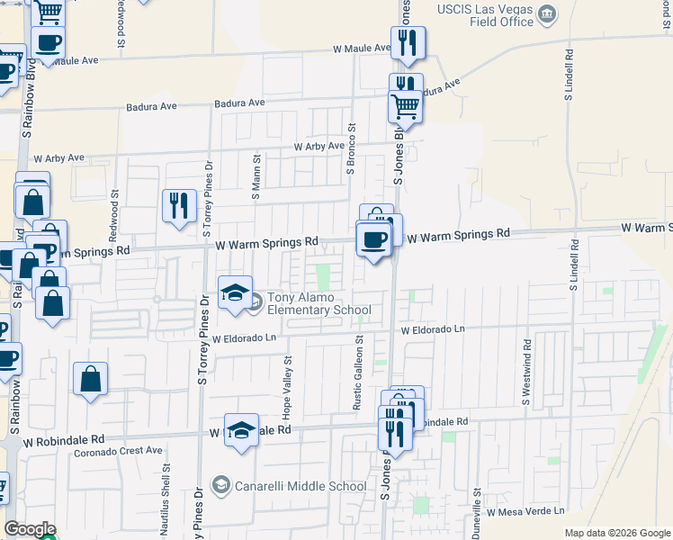 map of restaurants, bars, coffee shops, grocery stores, and more near 6258 Lapilli Avenue in Las Vegas