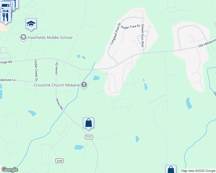 map of restaurants, bars, coffee shops, grocery stores, and more near 1020 Brockton Drive in Mebane