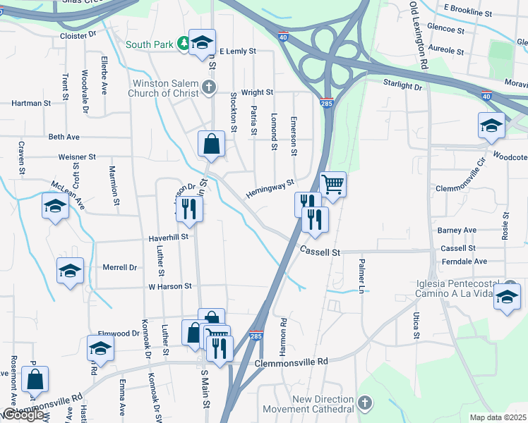 map of restaurants, bars, coffee shops, grocery stores, and more near 110 Longfellow Street in Winston-Salem