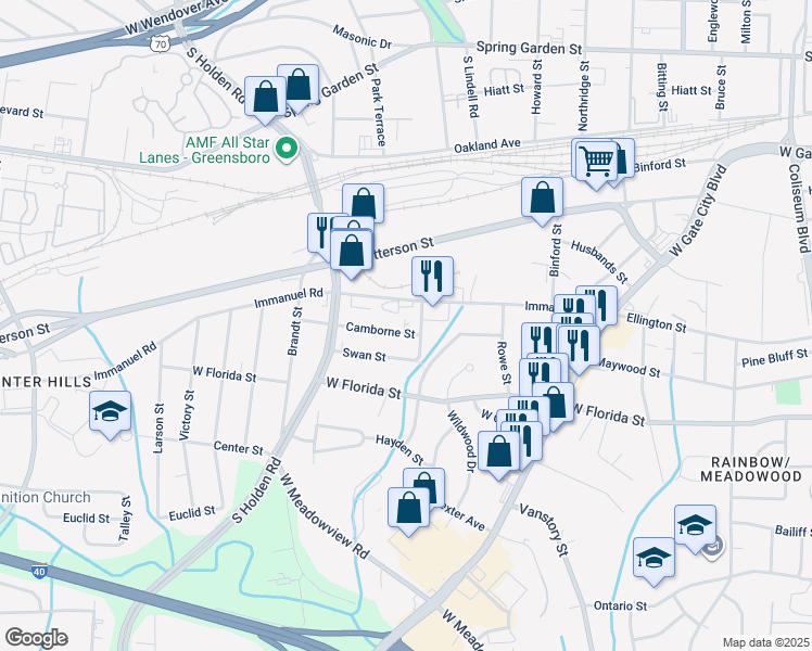 map of restaurants, bars, coffee shops, grocery stores, and more near 2808 Camborne Street in Greensboro