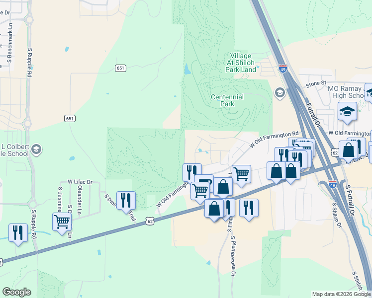 map of restaurants, bars, coffee shops, grocery stores, and more near 3240 West Old Farmington Road in Fayetteville