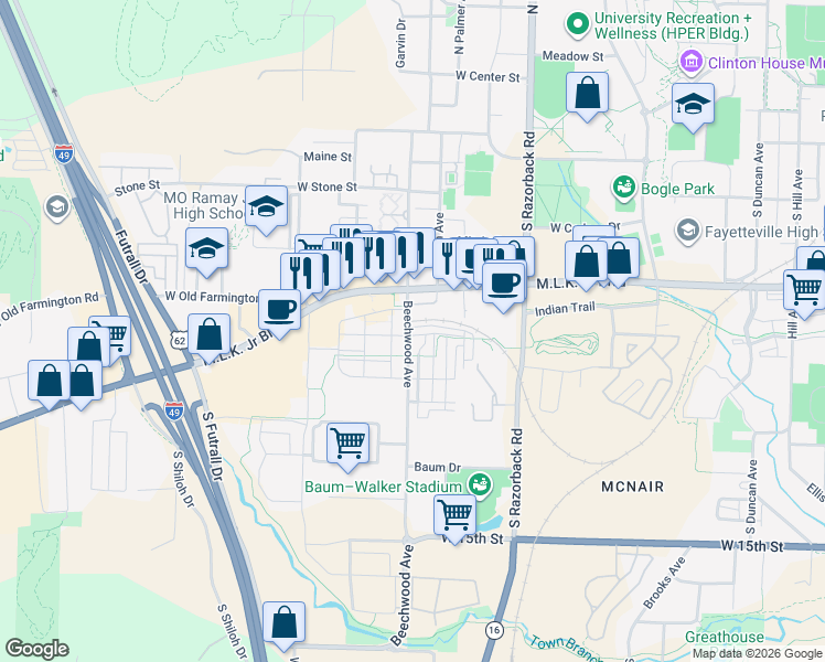 map of restaurants, bars, coffee shops, grocery stores, and more near 822 Beechwood Avenue in Fayetteville