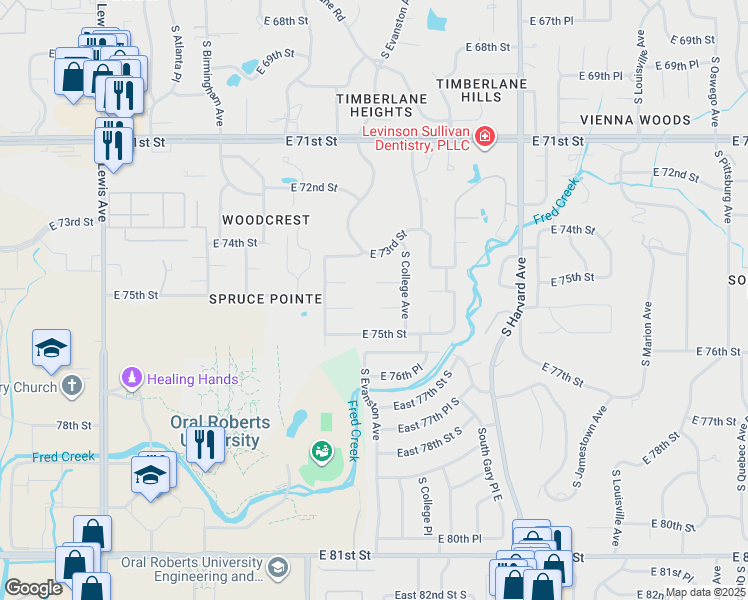 map of restaurants, bars, coffee shops, grocery stores, and more near 2901 East 74th Place in Tulsa
