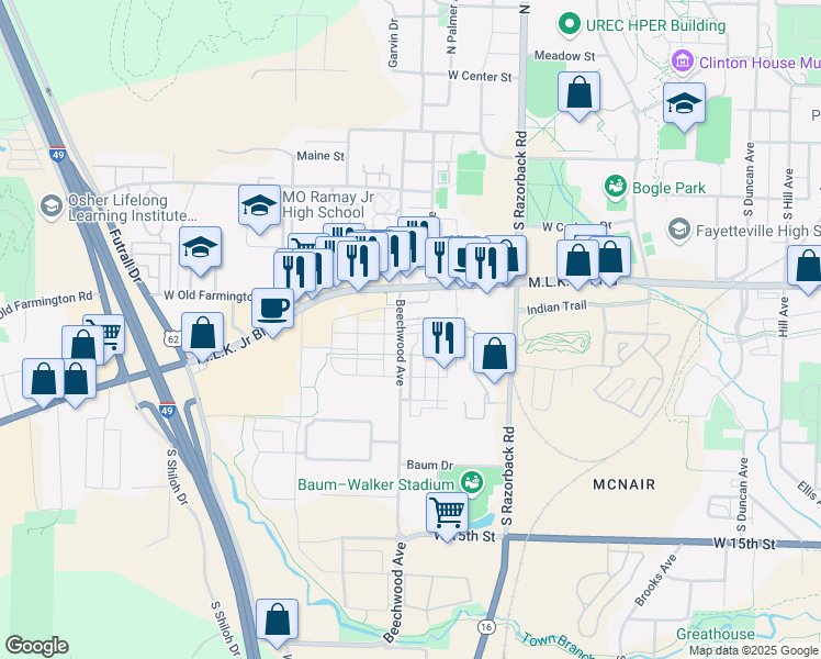 map of restaurants, bars, coffee shops, grocery stores, and more near 1682 West Towne Village Drive in Fayetteville
