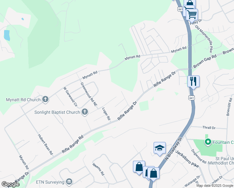 map of restaurants, bars, coffee shops, grocery stores, and more near 2957 Colt Drive Northeast in Knoxville