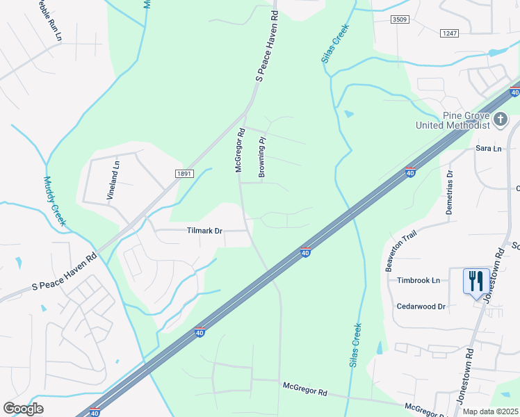 map of restaurants, bars, coffee shops, grocery stores, and more near 104 McGregor Park Drive in Winston-Salem