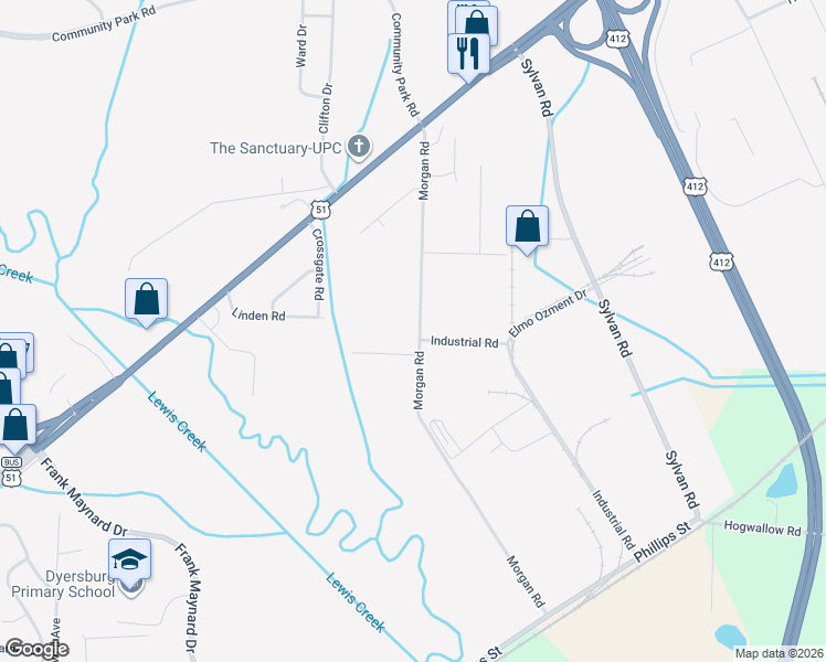 map of restaurants, bars, coffee shops, grocery stores, and more near 1806 Industrial Road in Dyersburg