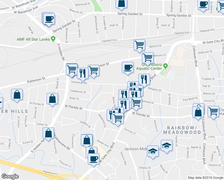 map of restaurants, bars, coffee shops, grocery stores, and more near 2402 Rowe Street in Greensboro