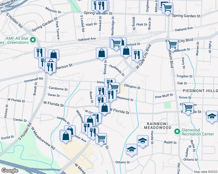 map of restaurants, bars, coffee shops, grocery stores, and more near 2521 Immanuel Road in Greensboro