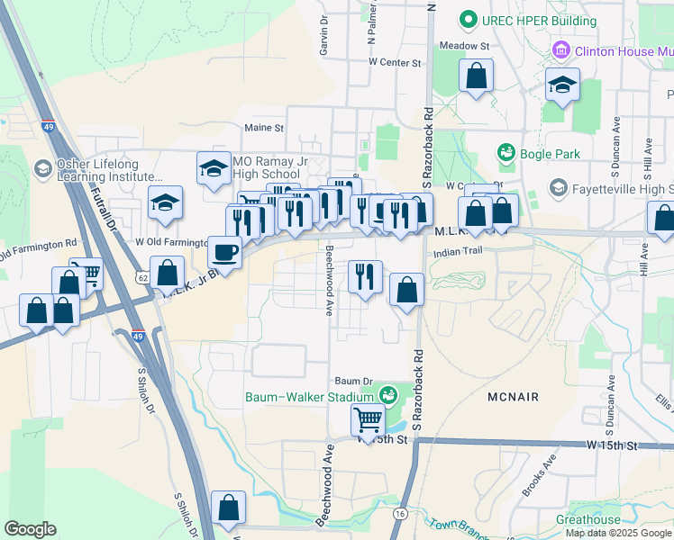 map of restaurants, bars, coffee shops, grocery stores, and more near 1682 West Towne Village Drive in Fayetteville